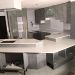 bianco stella white starlight quartz in futuristic kitchen