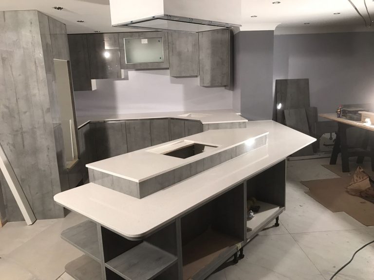 bianco stella white starlight quartz in futuristic kitchen