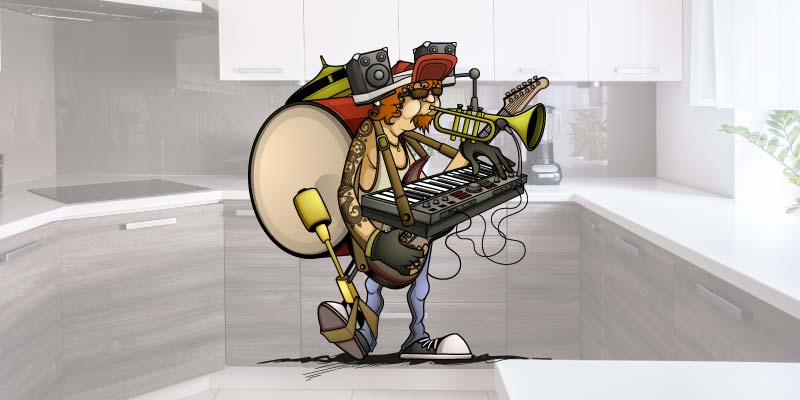 one man band showing kitchen worktops