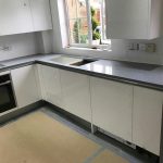 grigio scuro stella, dark grey starlight quartz worktops with white high gloss kitchen