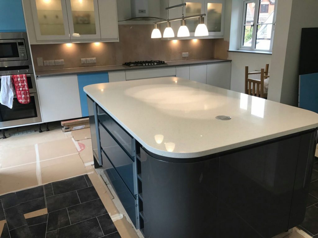 grey starlight and white starlight quartz in german kitchen