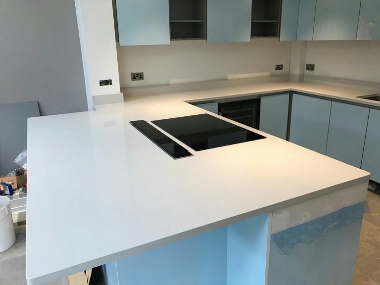 bianco de lusso quartz worktops in white gloss kitchen