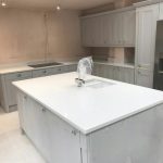 bianco de lusso white quartz worktops and island in ware kitchen