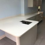 bianco de lusso white quartz worktops in grey kitchen