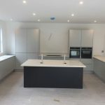 bianco minerale quartz worktops installed in large open plan kitchen