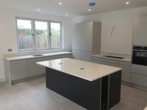 bianco minerale quartz worktops installed in large open plan kitchen