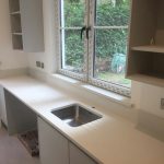 bianco minerale quartz worktops installed in large open plan kitchen