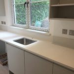 bianco minerale quartz worktops installed in large open plan kitchen