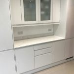 carrera quartz worktops in white high gloss kitchen