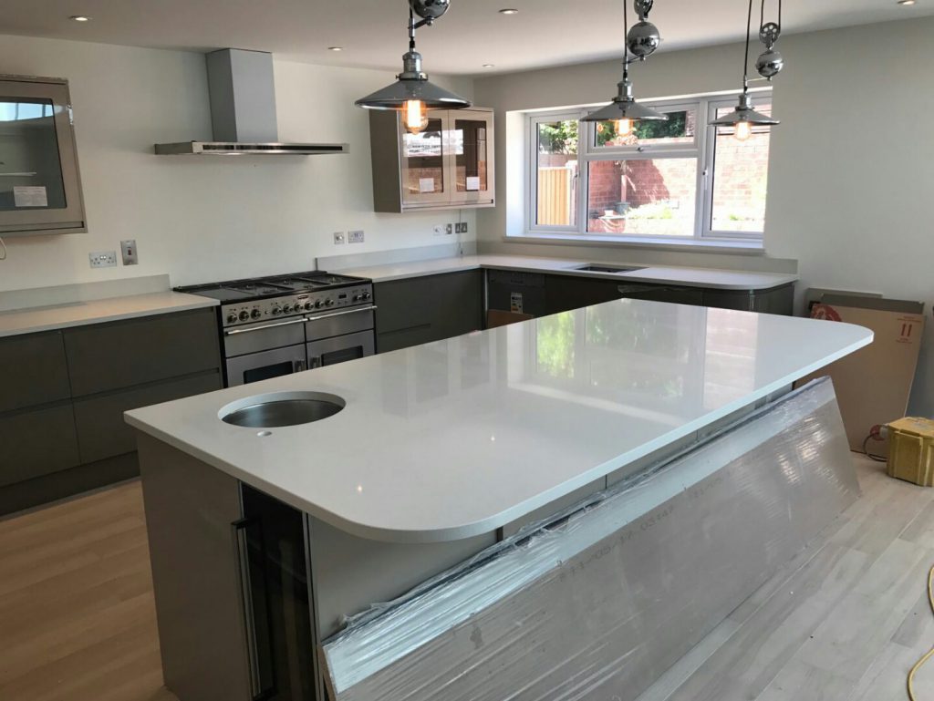 bianco de lusso white quartz in grey kitchen