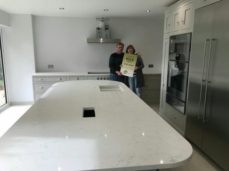 attica white carrera white quartz in kitchen with island