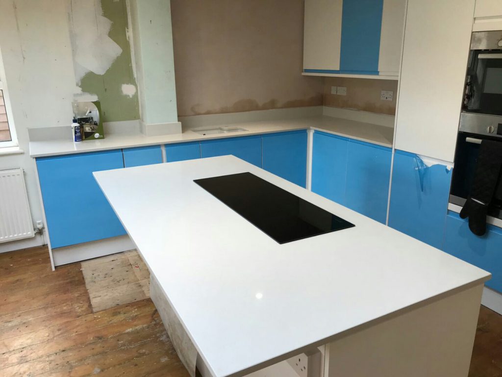 bianco de lusso quartz worktops in kitchen