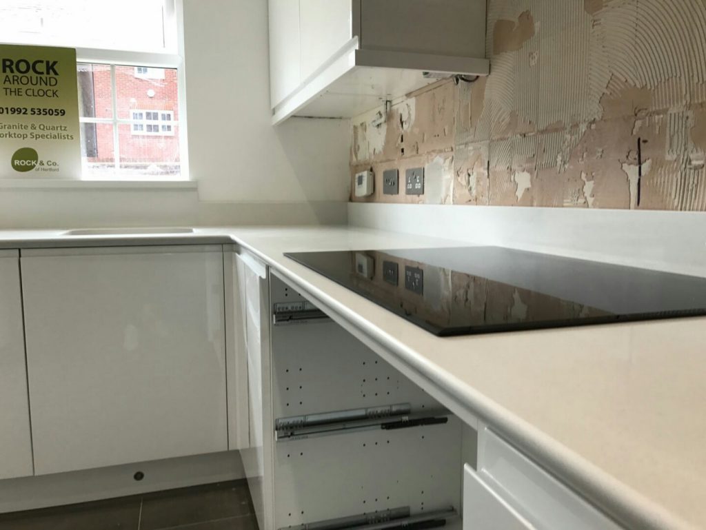 bianco de lusso quartz worktops with shark nose