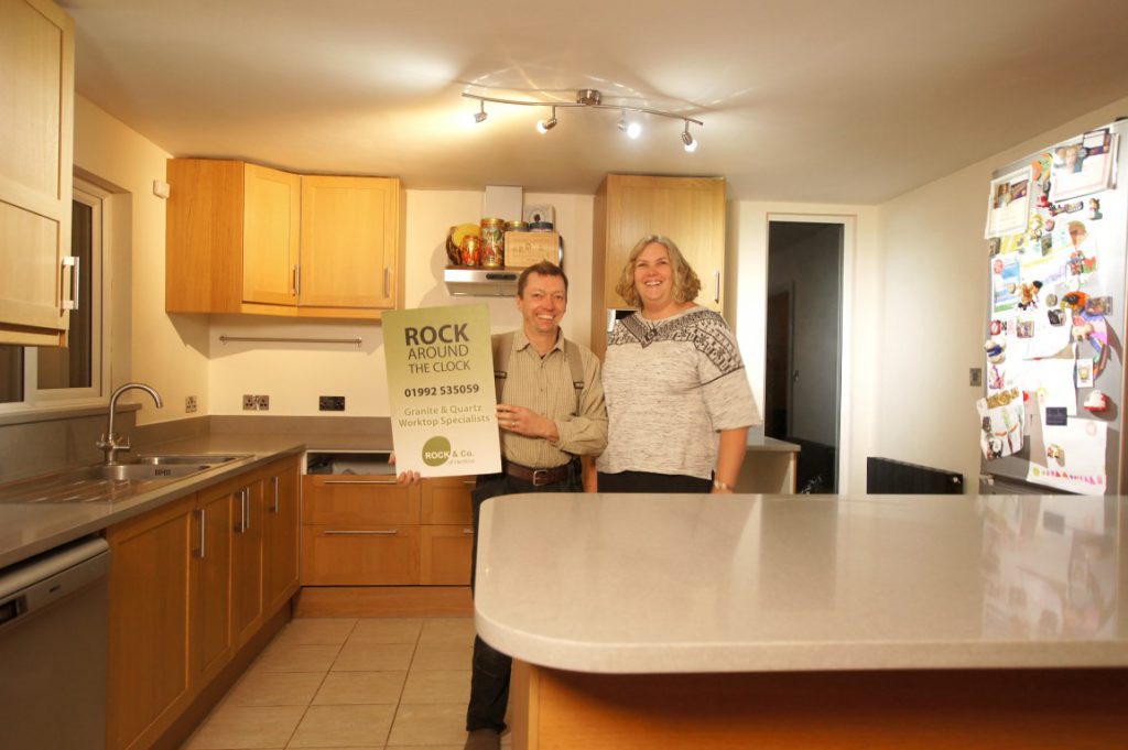 nebbia grigia quartz worktops installed in oak kitchen