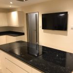 nero venata black quartz worktops in kitchen