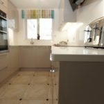 bianco puro pure white quartz worktops in taupe high gloss kitchen