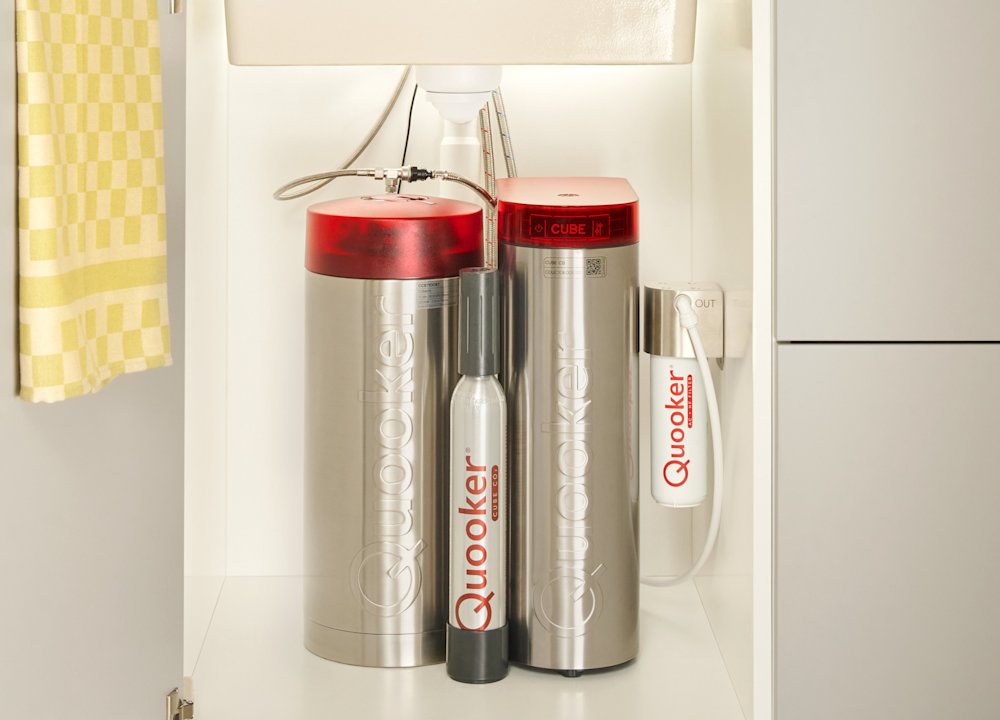 Quooker tank and CUBE installed in an under-sink cabinet