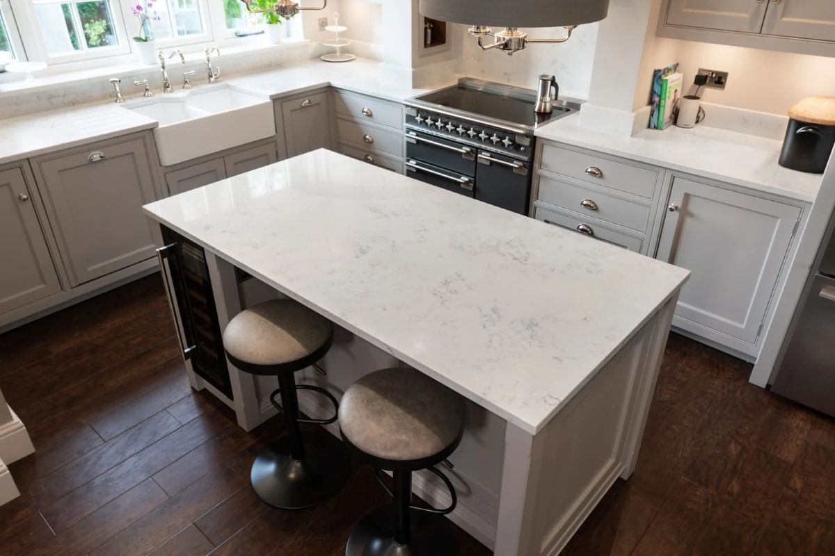 Monaco Carrara quartz kitchen installation in Widbury Hill, Ware