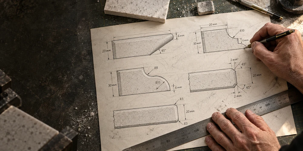 Illustration of worktop edge profiles being drawn in a workshop