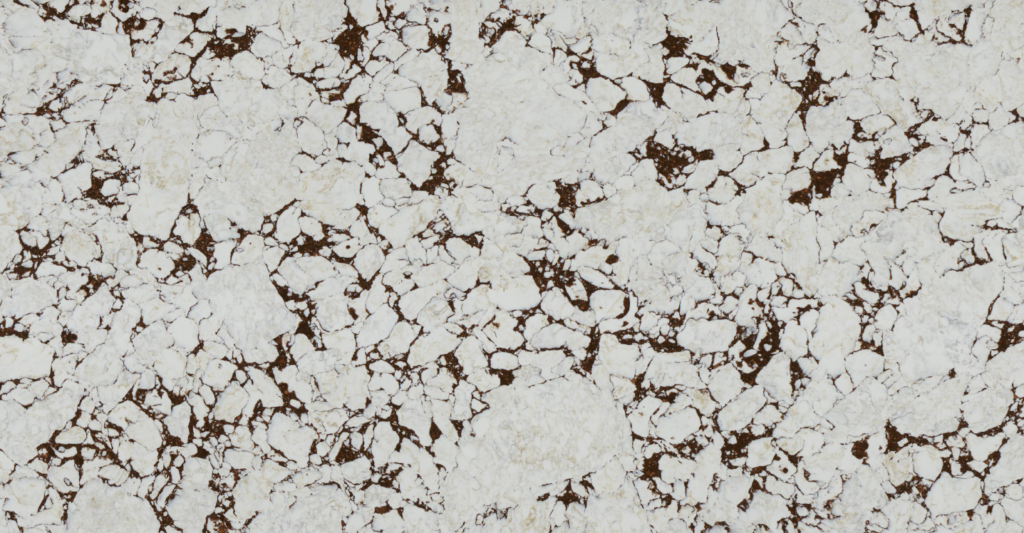 Arabescato Rossa quartz worktop sample – white and cream stone fragments with rich rust-brown breccia veining