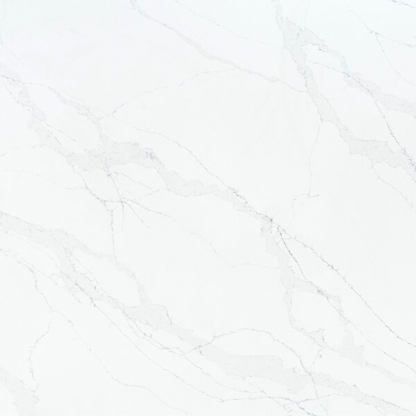 Calacatta Prestige quartz worktop sample – bright white with fine grey veining and soft grey marble drifts