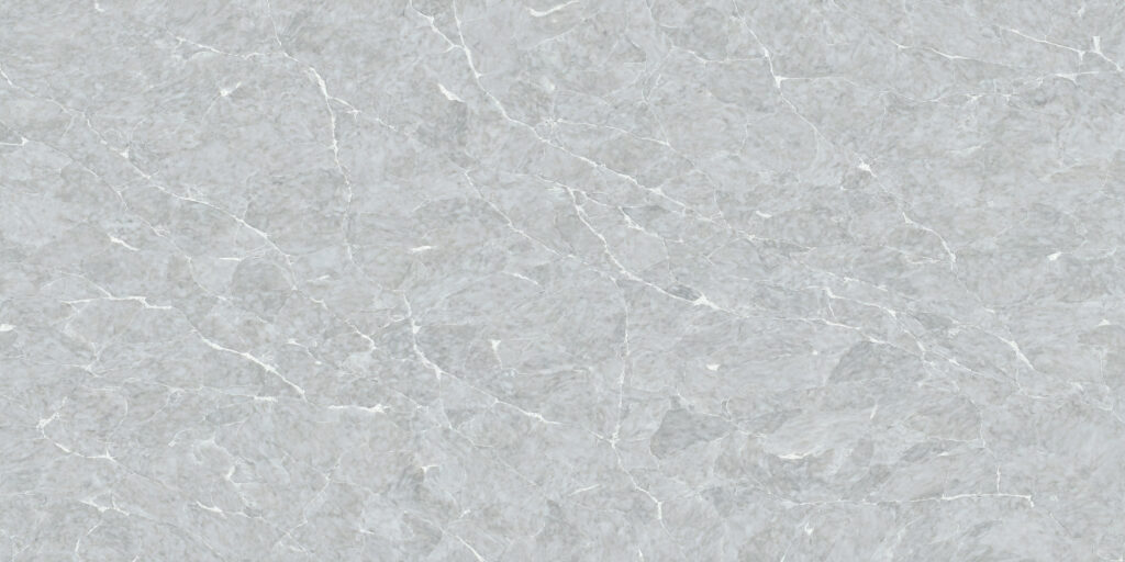 Fumo Grey quartz worktop sample – soft cool grey with white crackle veining and a mosaic-like marble pattern