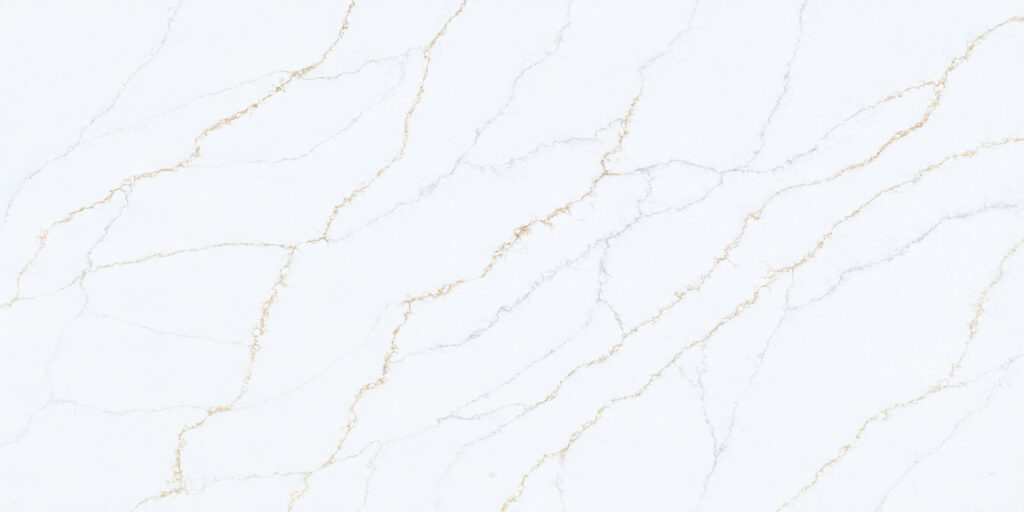Calacatta Gold quartz worktop sample – bright white with fine gold and soft grey marble veining