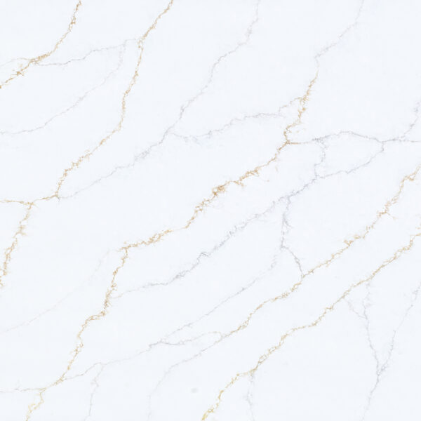 Calacatta Gold quartz worktop sample – bright white with fine gold and soft grey marble veining