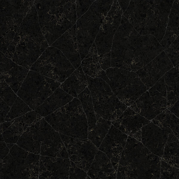 Marrakesh Calacatta quartz worktop sample – deep black with fine white veining and subtle gold flecks