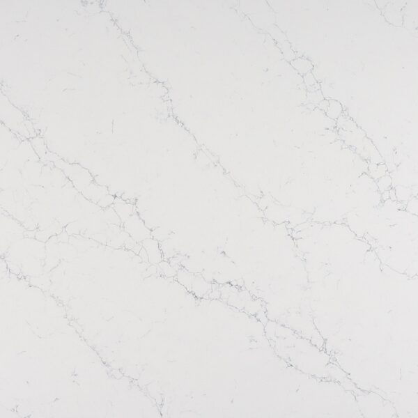 Statuario quartz worktop sample – crisp white with fine grey web-like marble veining